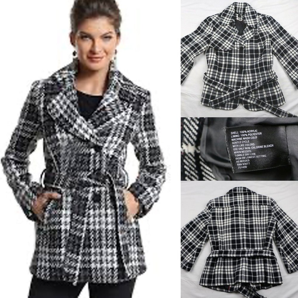 East 5th Belted Plaid PeaCoat Black & White, S